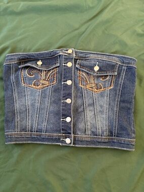 Denim Button-Front Strapless Crop Top in Dark Blue